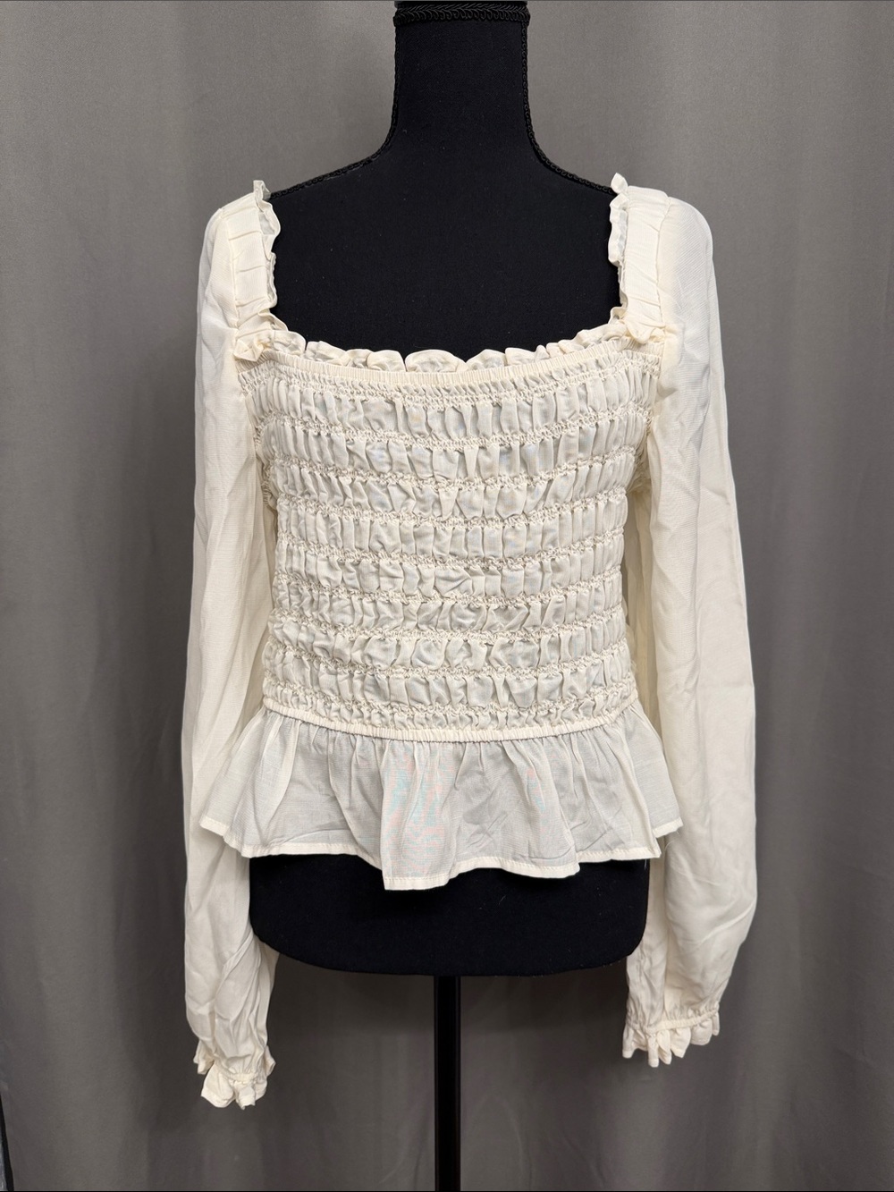 Smocked Peplum Long-Sleeve Blouse in Cream